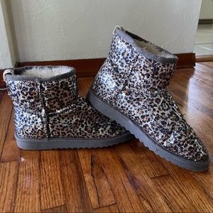 Leopard Sequin Furry Boots Womens 10